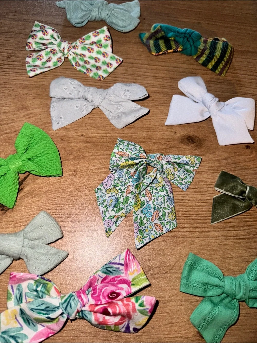 Handmade Kids Bow Clip Set — Assorted Green, White, Pink Floral